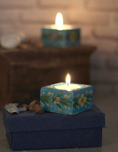 Blue Pottery Candle Holder Set - Turquoise Base and Yellow Flowers